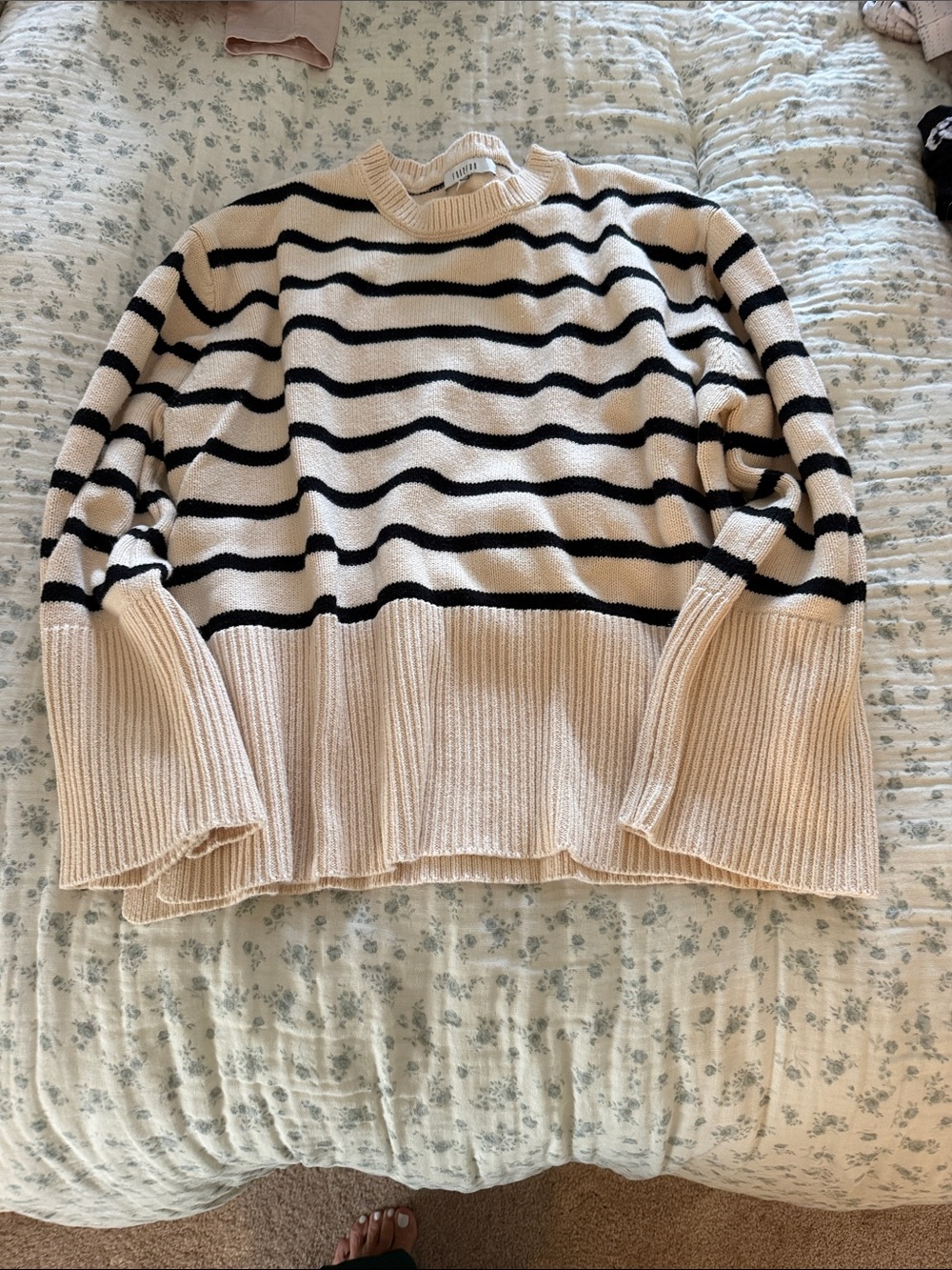 fun 2 fun Cream and Black Striped Crewneck Sweater